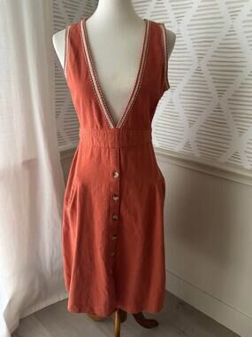 Dizzy Lizzy Women’s Small Orange Linen V Neck Jumper Dress